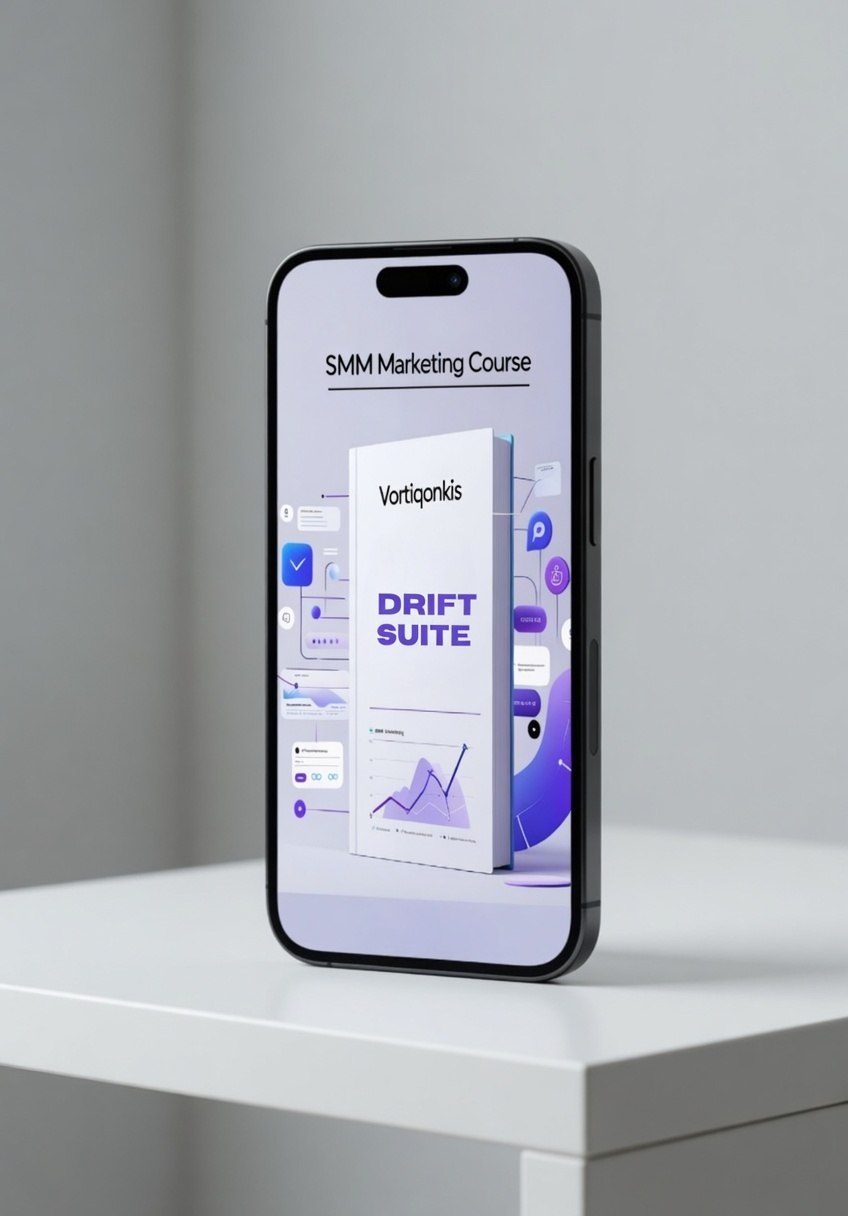 Smartphone displaying aVertikais SMM Marketing Course on a white surface with a gray background