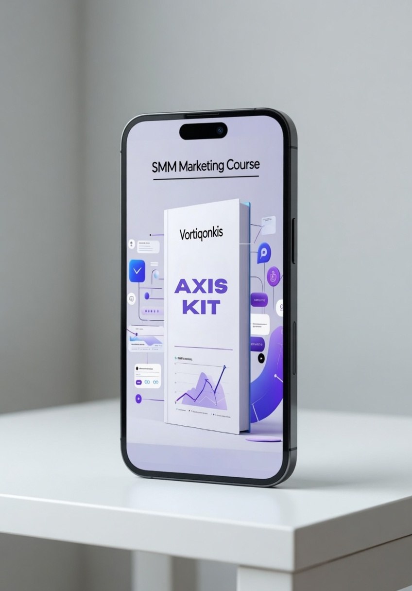 Smartphone displaying an SMM Marketing Course app on a white surface with a gray background
