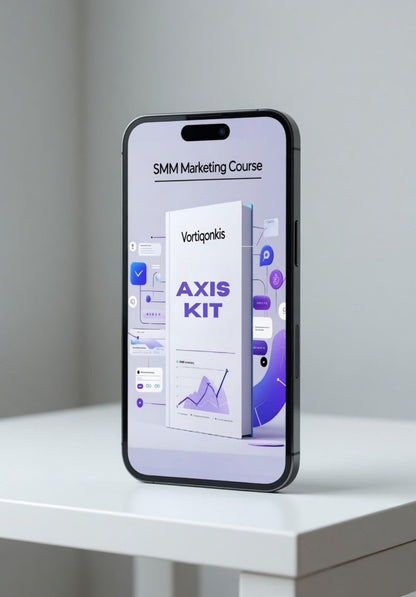 Smartphone displaying an SMM Marketing Course app on a white surface with a gray background