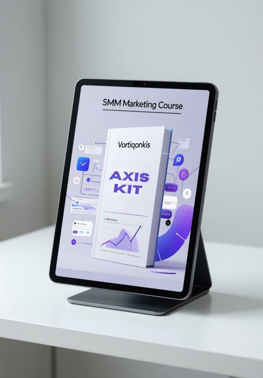 Tablet displaying an SMM Marketing Course with a stand on a white surface