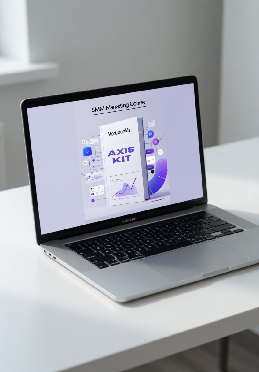 Laptop on a white desk displaying an SMM marketing course on the screen.