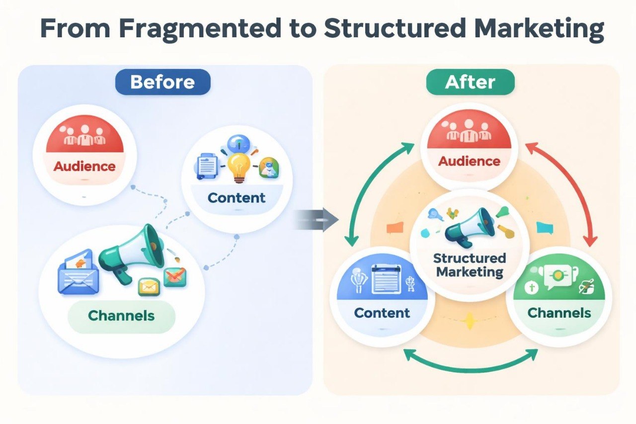 Diagram showing the transition from fragmented to structured marketing with icons and text labels.