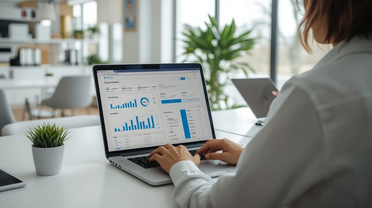 Person using a laptop with a dashboard on a desk in an office setting