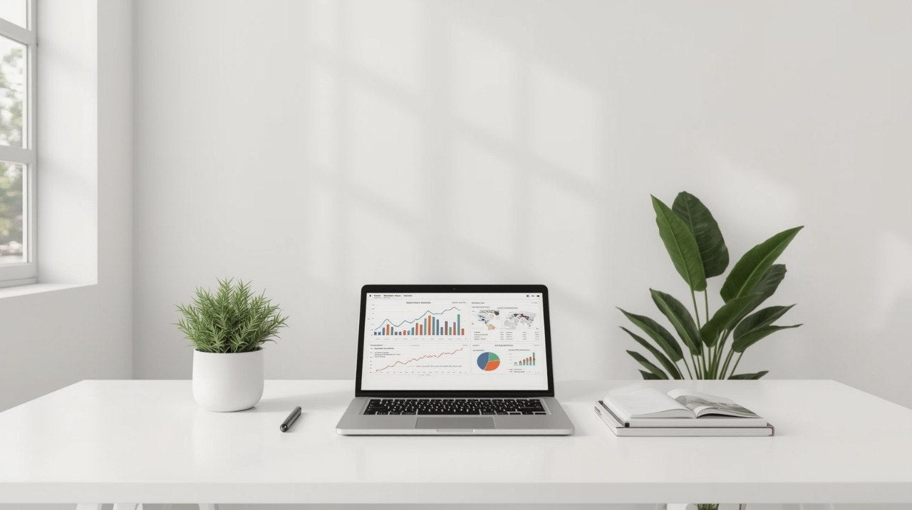 Laptop on a white desk with a plant and stationery items, in a bright room.