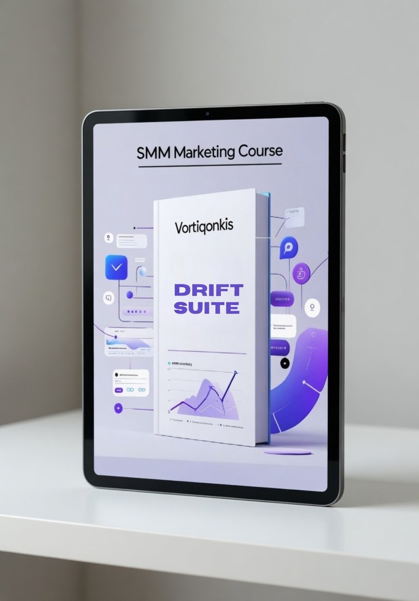 Tablet displaying an SMM Marketing Course with Vorticonkis Drift Suite on a white surface.