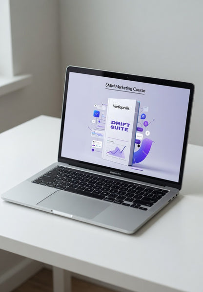 Laptop on a white desk displaying an SMM marketing course on the screen.