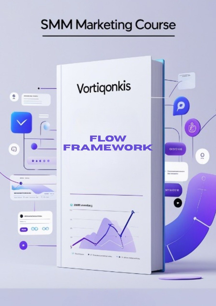 Vortiqonkis SMM Marketing Course book with digital interface elements on a light gray background