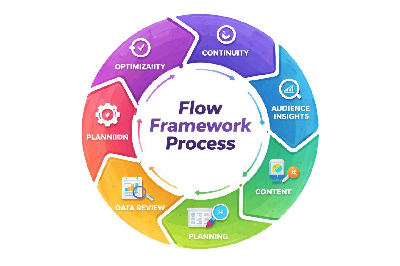 Flow framework process diagram with colorful segments on a white background