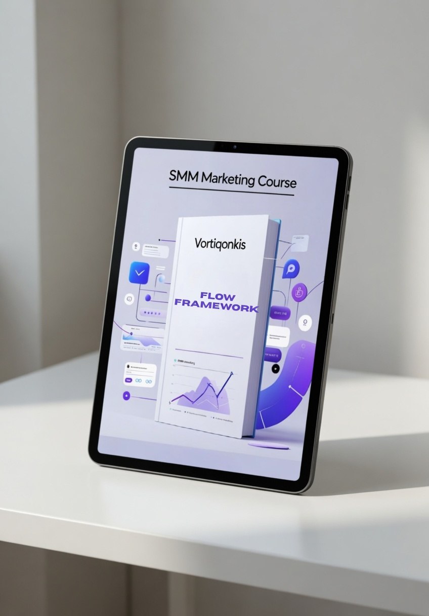 Tablet displaying an SMM Marketing Course on a white surface with a light gray background