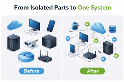 Before and after comparison of isolated network parts to a connected system.