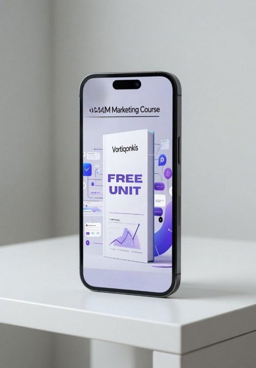 Phone displaying a marketing course app on a white surface with a gray background