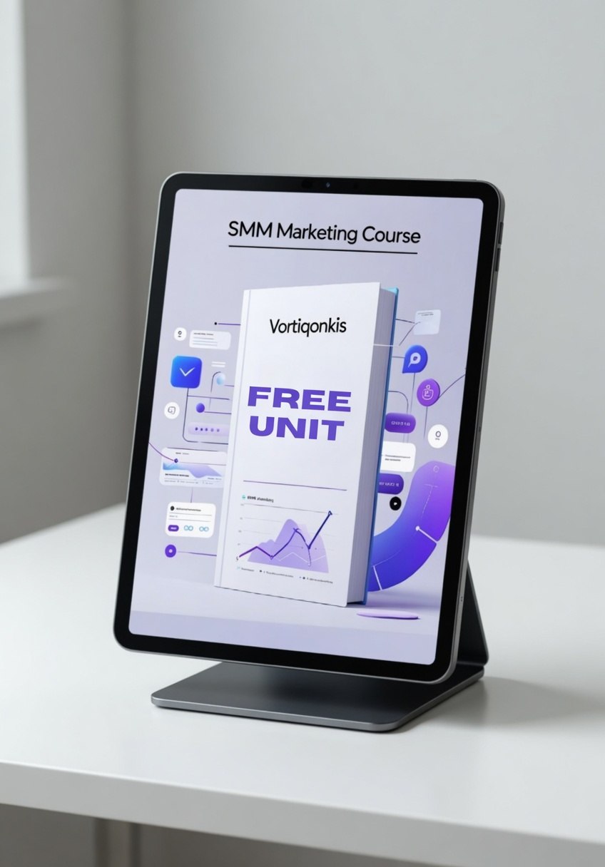 Tablet displaying an SMM Marketing Course with a free unit offer on a white surface.