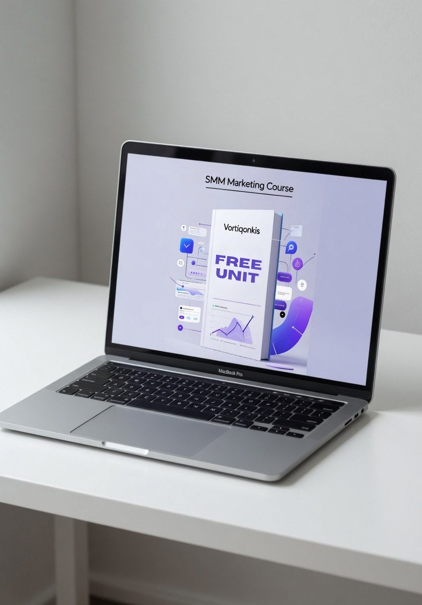 Laptop on a white desk displaying an SMM marketing course on the screen.