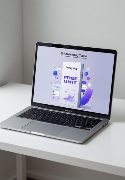 Laptop on a white desk displaying an SMM marketing course on the screen.