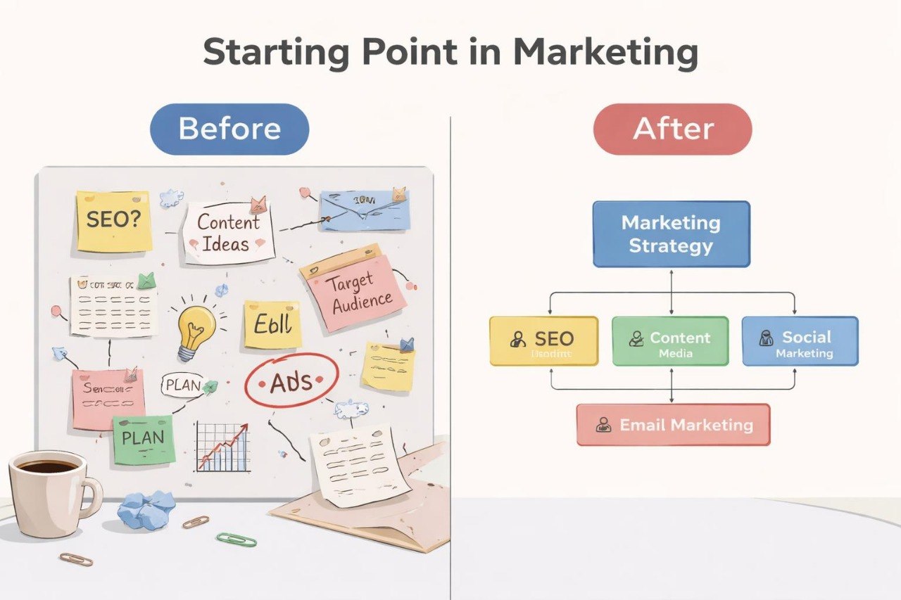 Comparison of a messy marketing plan with text 'Before' and a organized marketing strategy with text 'After'.