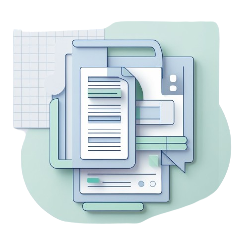 Illustration of documents and a pen on a light green background