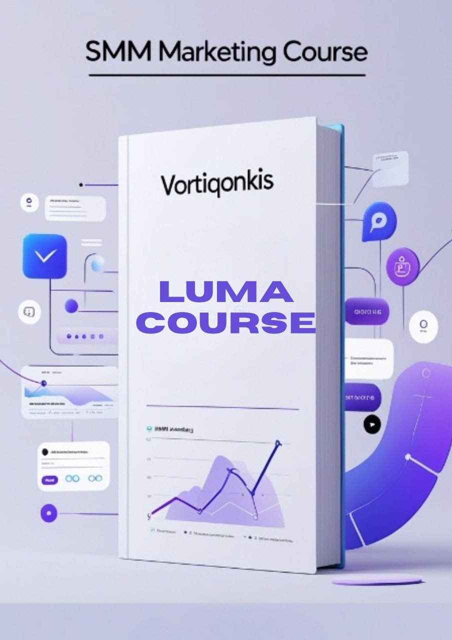Vortiqonkis Luma Course for SMM Marketing on a white background with digital icons.