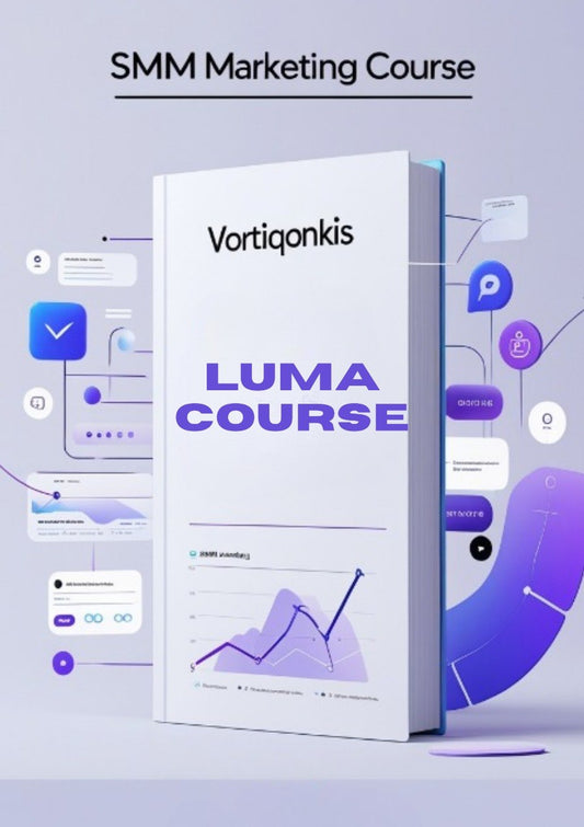 Vortiqonkis Luma Course for SMM Marketing on a white background with digital icons.