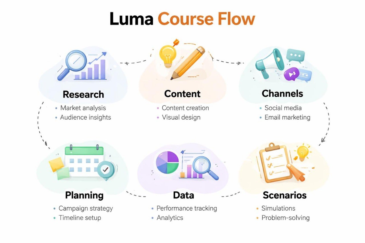 Luma Course Flow diagram with icons and text on a white background