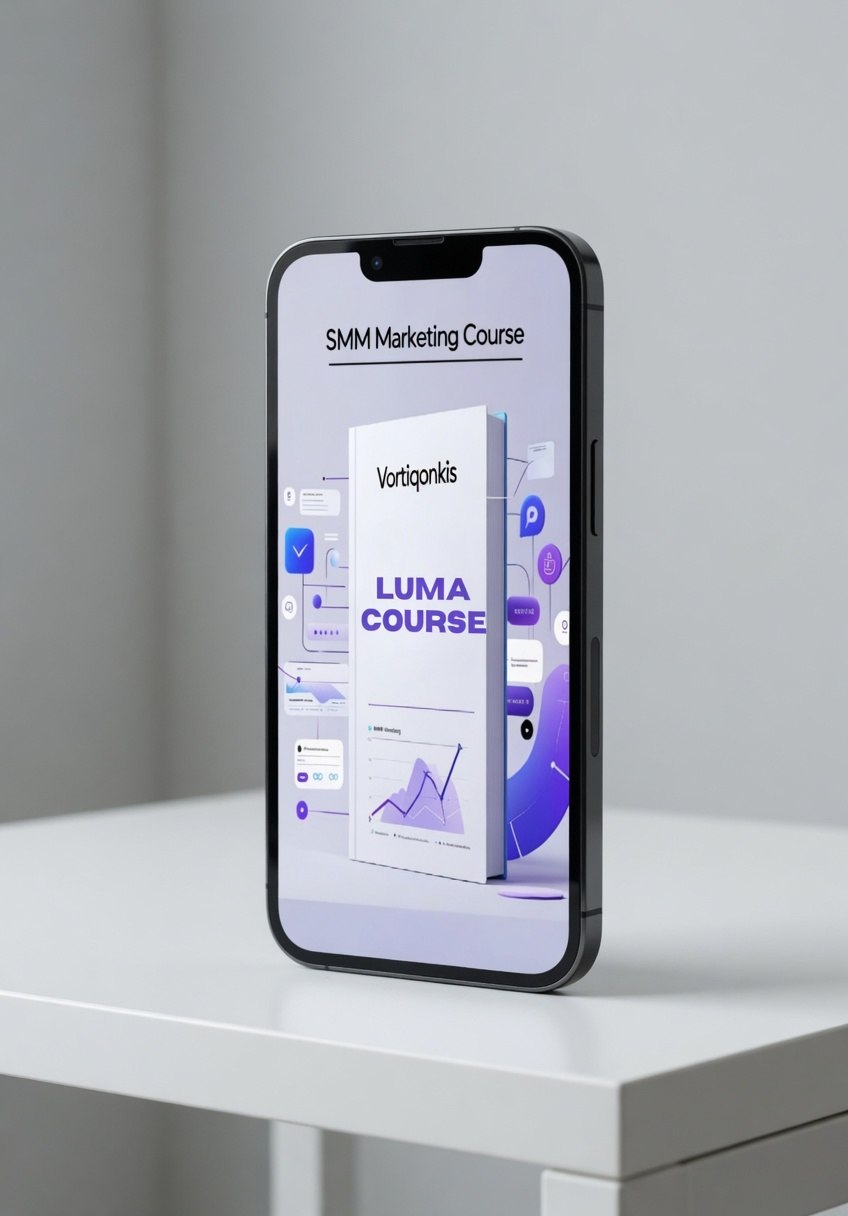 Phone displaying a course on a white surface with a gray background