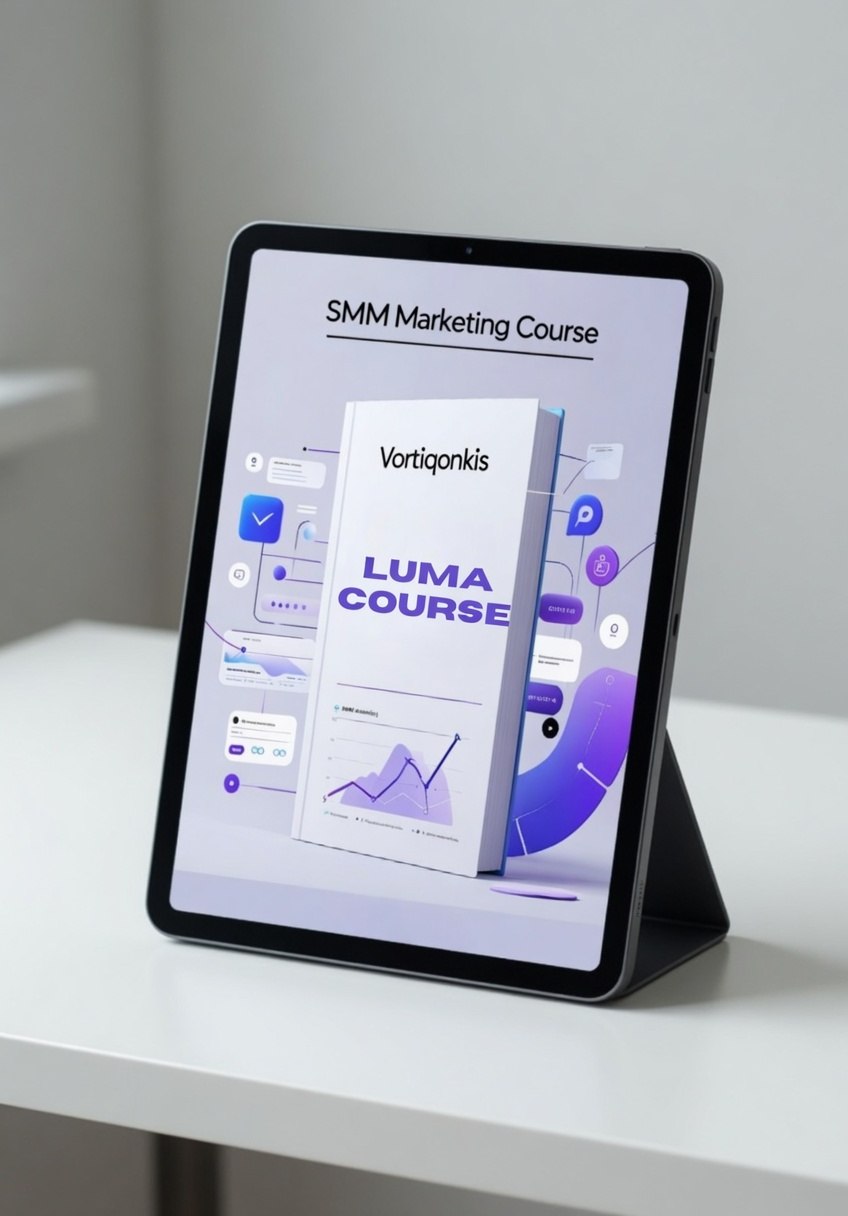 Tablet displaying an SMM Marketing Course on a white surface with a light gray background