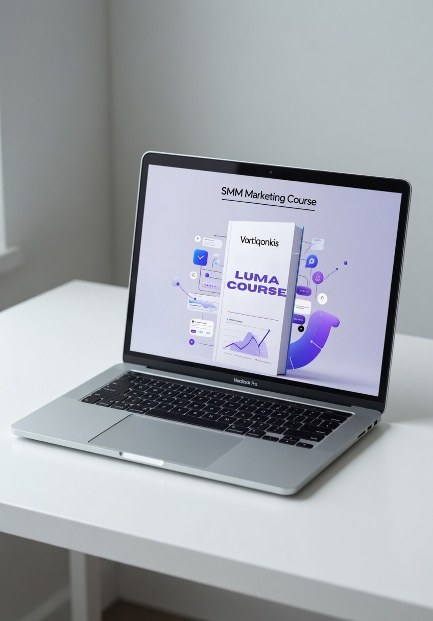 Laptop on a white surface with a screen displaying an SMM Marketing Course.