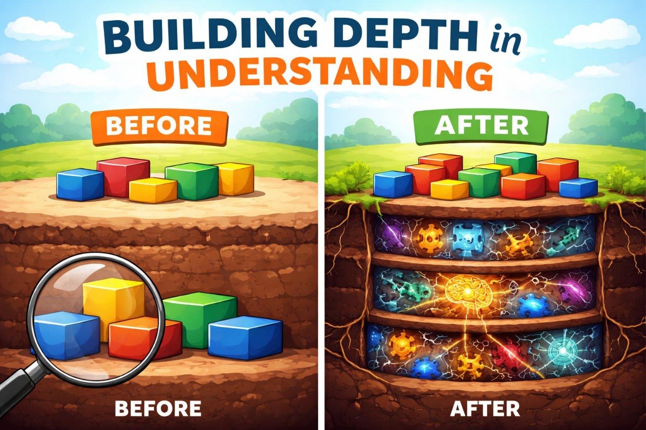 Illustration showing building blocks before and after being magnified to reveal deeper understanding.