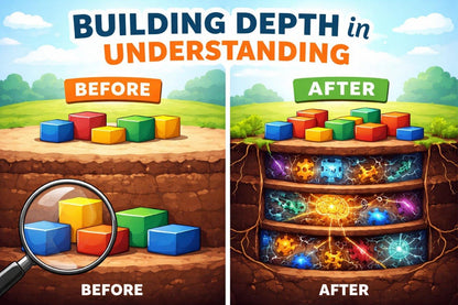 Illustration showing building blocks before and after being magnified to reveal deeper understanding.