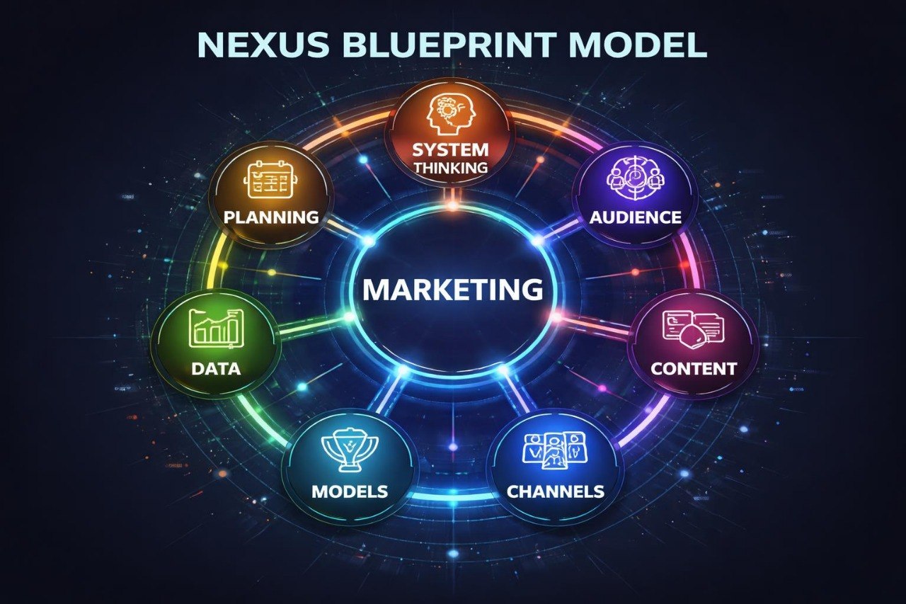 Nexus Blueprint Model diagram with marketing at the center on a dark background
