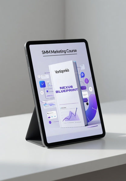 Tablet displaying an SMM Marketing Course with a Vorticoniks Nexus Blueprint on a white surface.