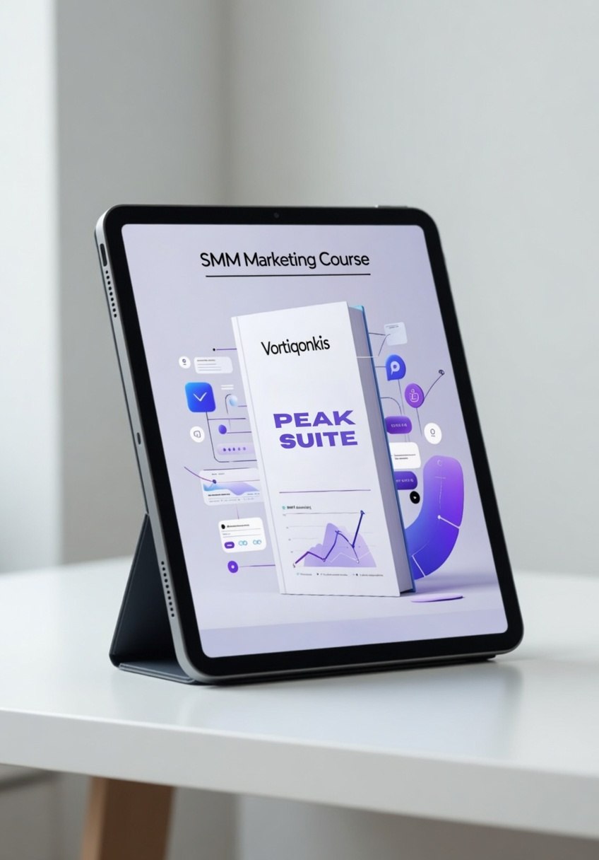 Tablet displaying a SMM Marketing Course on a white surface with a blurred background