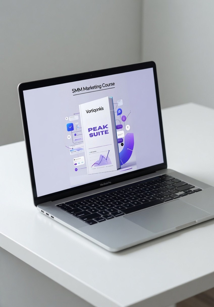 Laptop on a white surface displaying a software interface