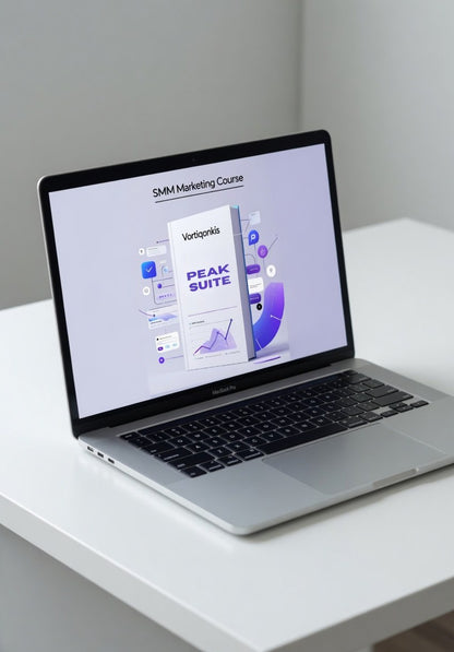 Laptop on a white surface displaying a software interface