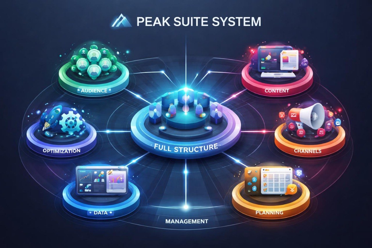 Diagram of the Peak Suite System with various components interconnected on a dark background.