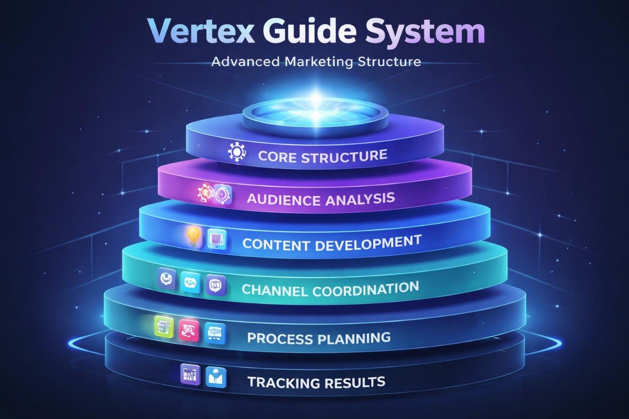Stylized diagram of the Vertex Guide System with seven layers on a dark background